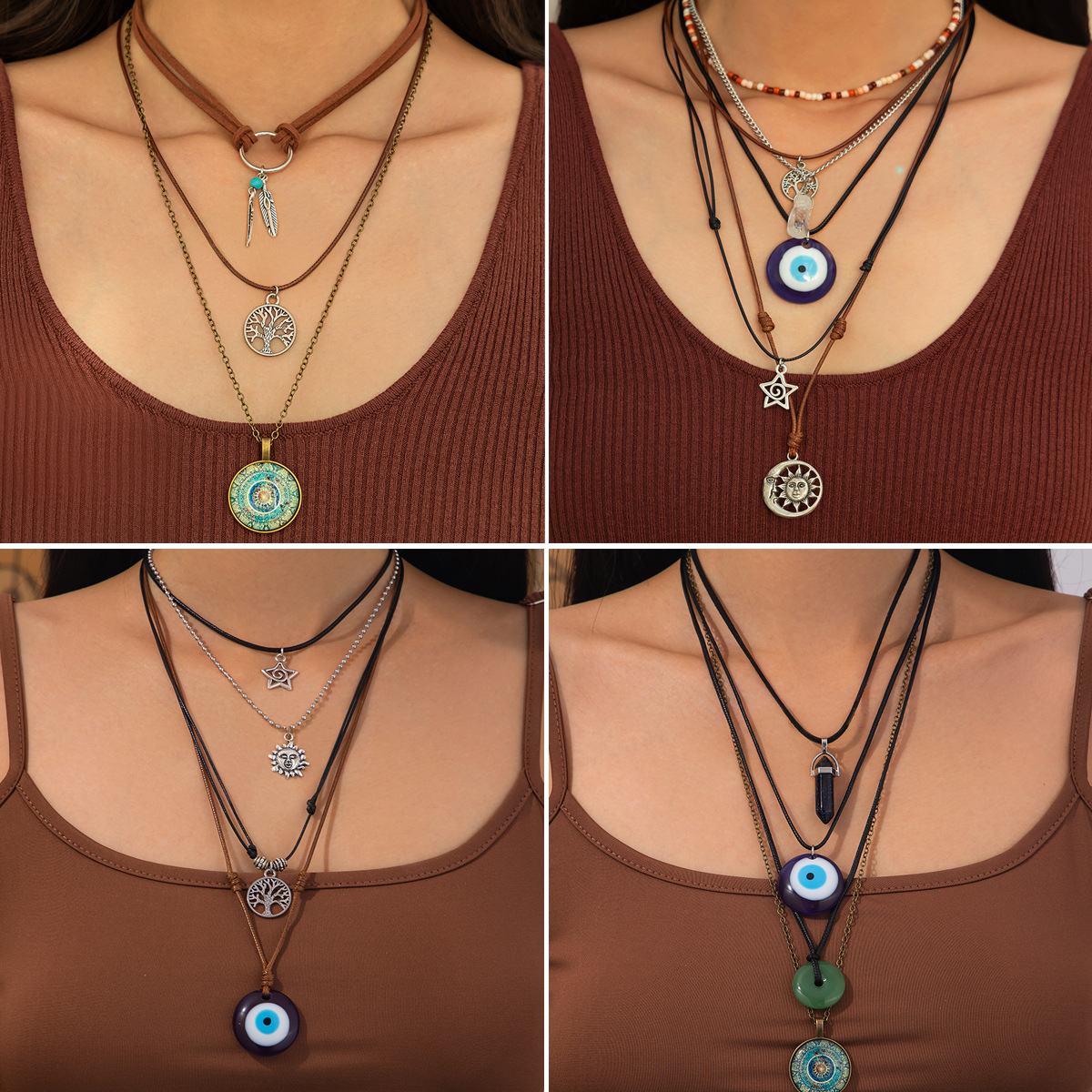 European and American cross-border jewelry, ethnic style Devil's Eye pendant necklace, retro star alloy multi-layer collarbone chain full figure