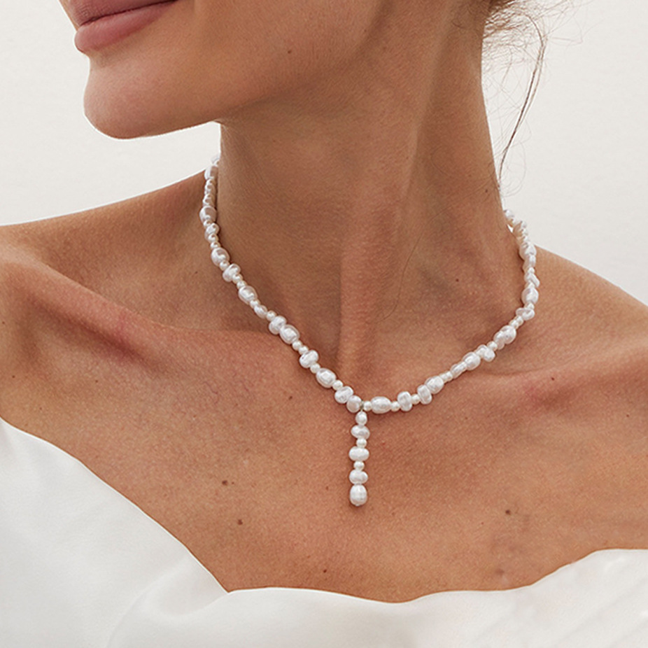 European and American cross-border jewelry, Baroque irregular-shaped bean-shaped pearl string necklace, niche irregular commuter collarbone chain full figure