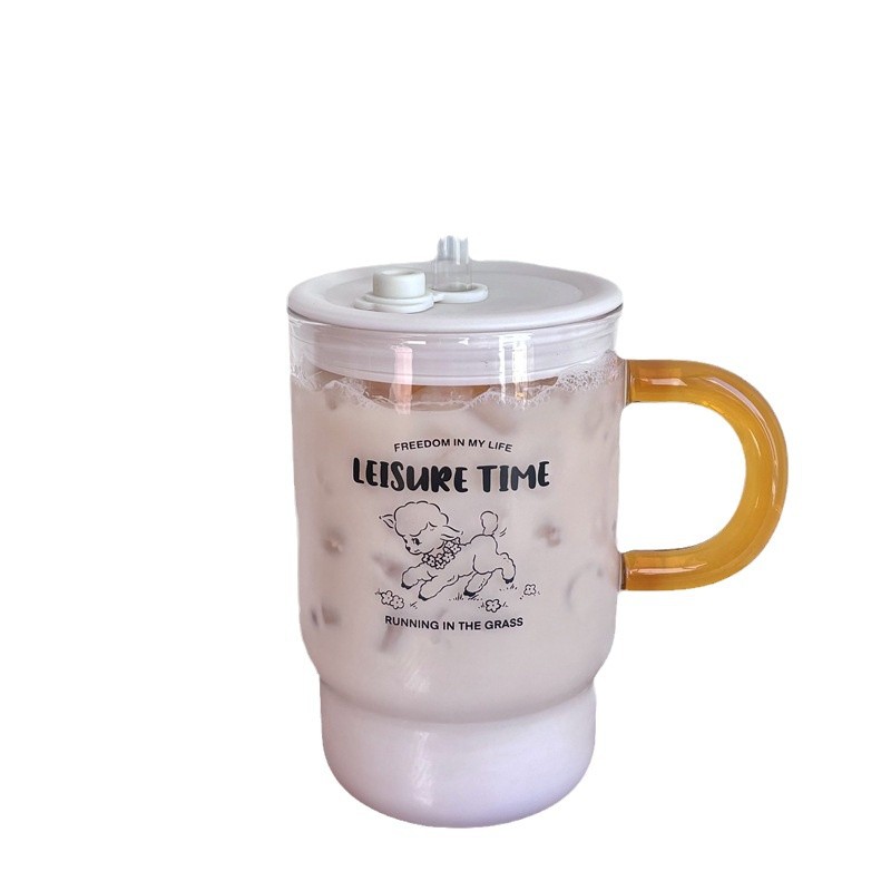 High appearance level, large-capacity glass with lid, straw cup, student dormitory drinking cup, cartoon little lamb glass cup, milk tea Item Picture