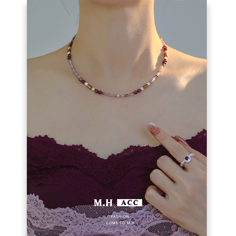 Amethyst black gallstone beaded necklace for women, fresh and elegant, versatile, high-end, simple and fashionable collarbone chain full figure