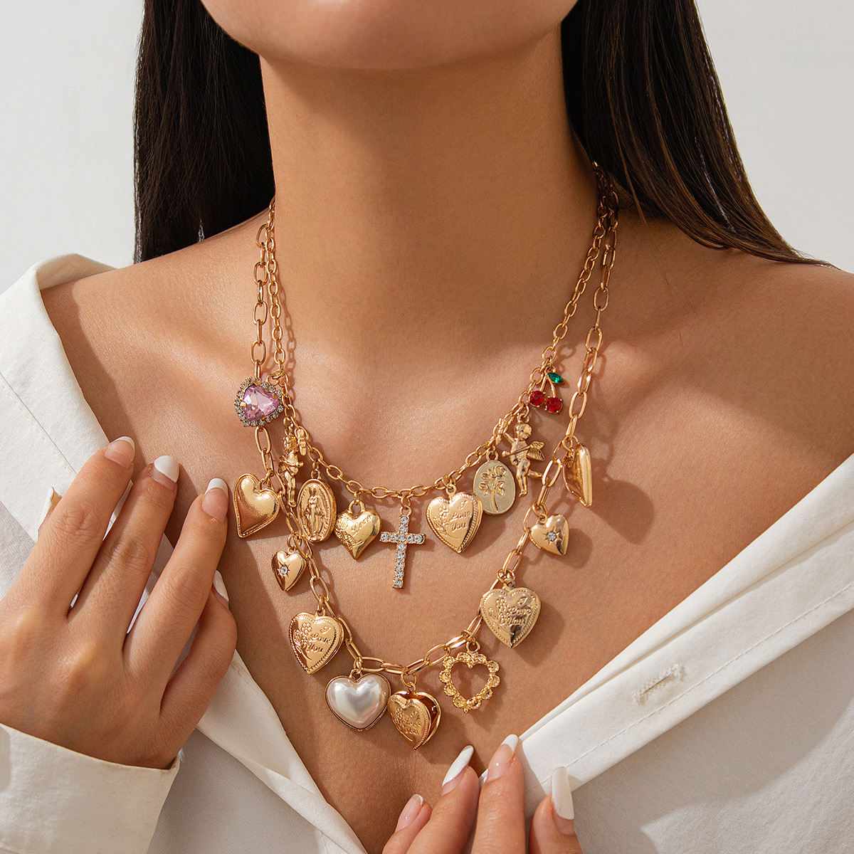 European and American cross-border jewelry, ins heart-shaped element pendant, alloy necklace, layered style, diamond-encrusted cross collarbone chain Specification drawing