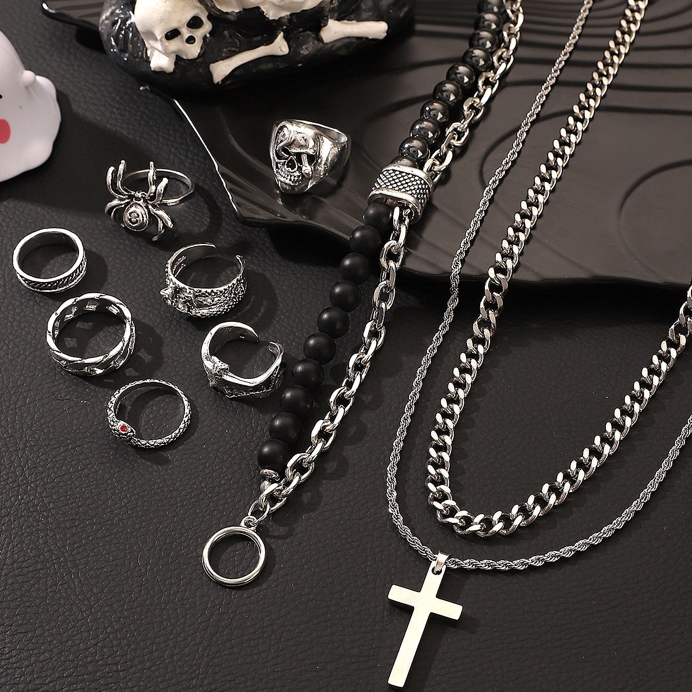 European and American cross-border fashion men's jewelry set, spider bat skull ring, beaded bracelet, men's stainless steel necklace Specification drawing