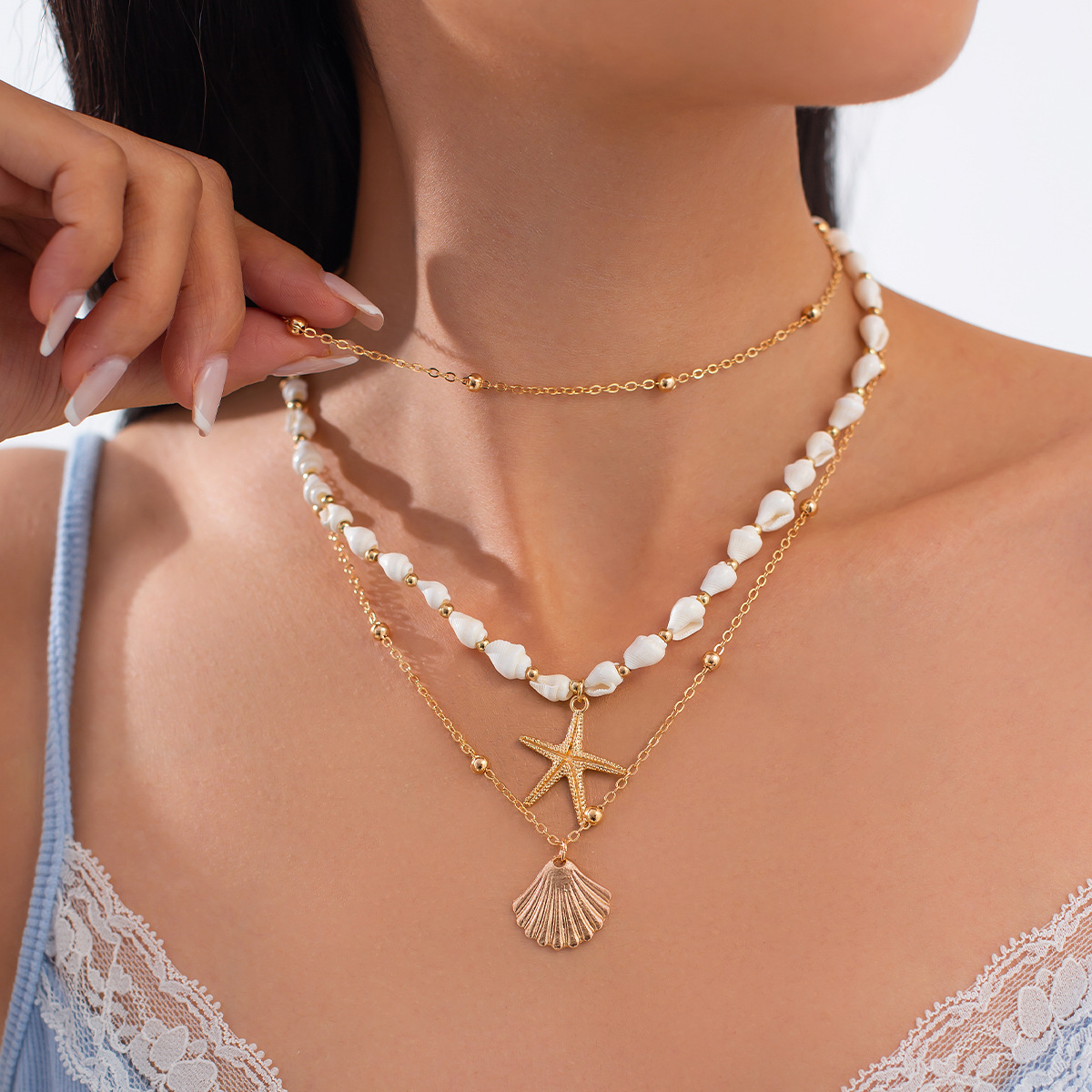 European and American cross-border jewelry simple starfish shell pendant necklace vacation-style pearl string collarbone chain Specification drawing