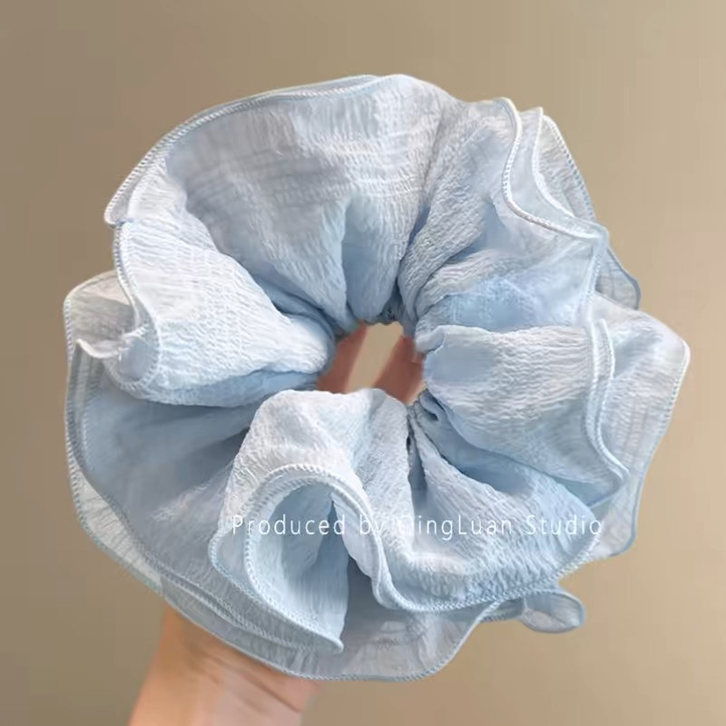 Sea salt blue large intestine hair band, Korean spring and summer fresh, super large lace checkered ponytail bun hair rope for girls Application Scenario