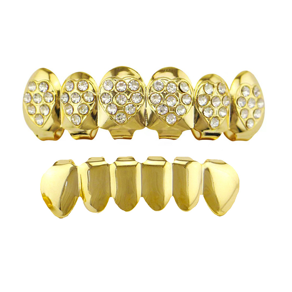 European and American hip-hop braces, hiphop diamond-encrusted heart-shaped braces, decorative smooth set, Halloween gold braces decoration full figure