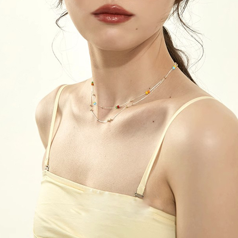 Rainbow Sweet Bean Summer Layered round beaded silver Necklace for women, fashionable and versatile collarbone chain wholesale Application Scenario