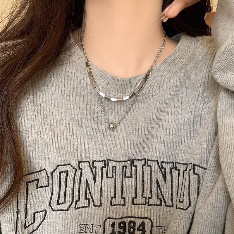 Double-layer titanium steel round bead square necklace, women's non-fading sweatshirt chain, ins simple and versatile accessories 2023 Specification drawing