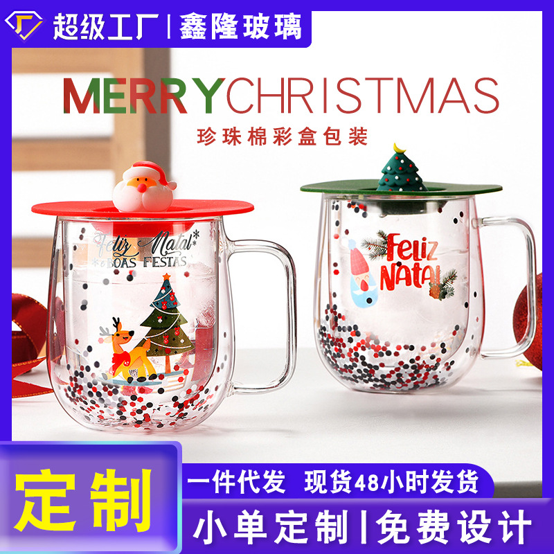 Wholesale high borosilicate glass cups, double-layer insulated water cups, household cups with handles, high appearance level Christmas cups, welfare products full figure