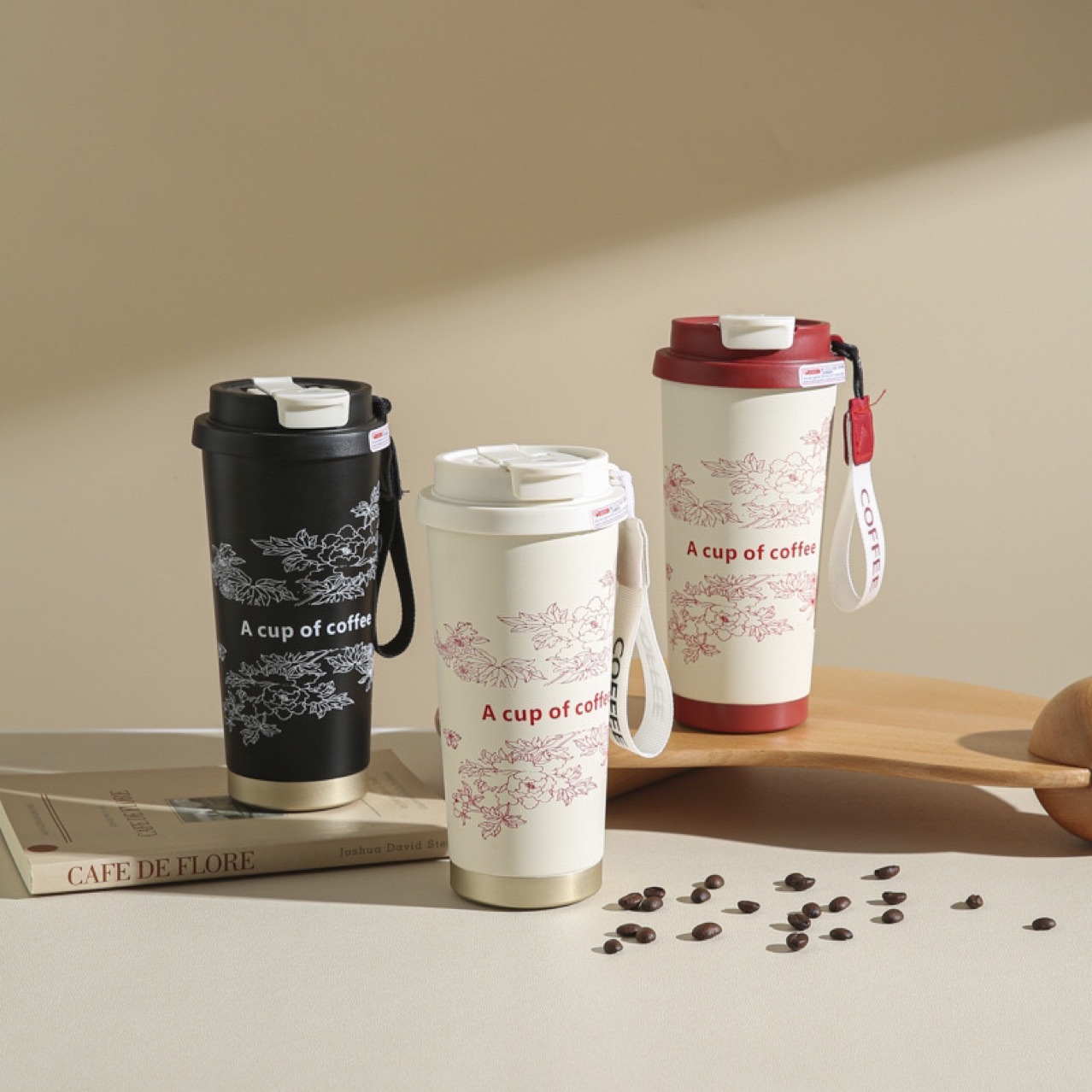 New high-appearance 304 stainless steel lily of the flower coffee cup with heat and cold preservation, portable large-capacity double-drinking straw cup full figure
