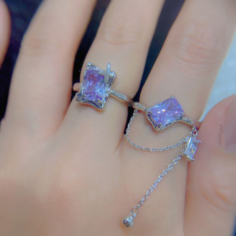 The small square sugar light luxury high-end sweet cool purple diamond zircon tassel open ring for women's ins cold style starlight ring Application Scenario