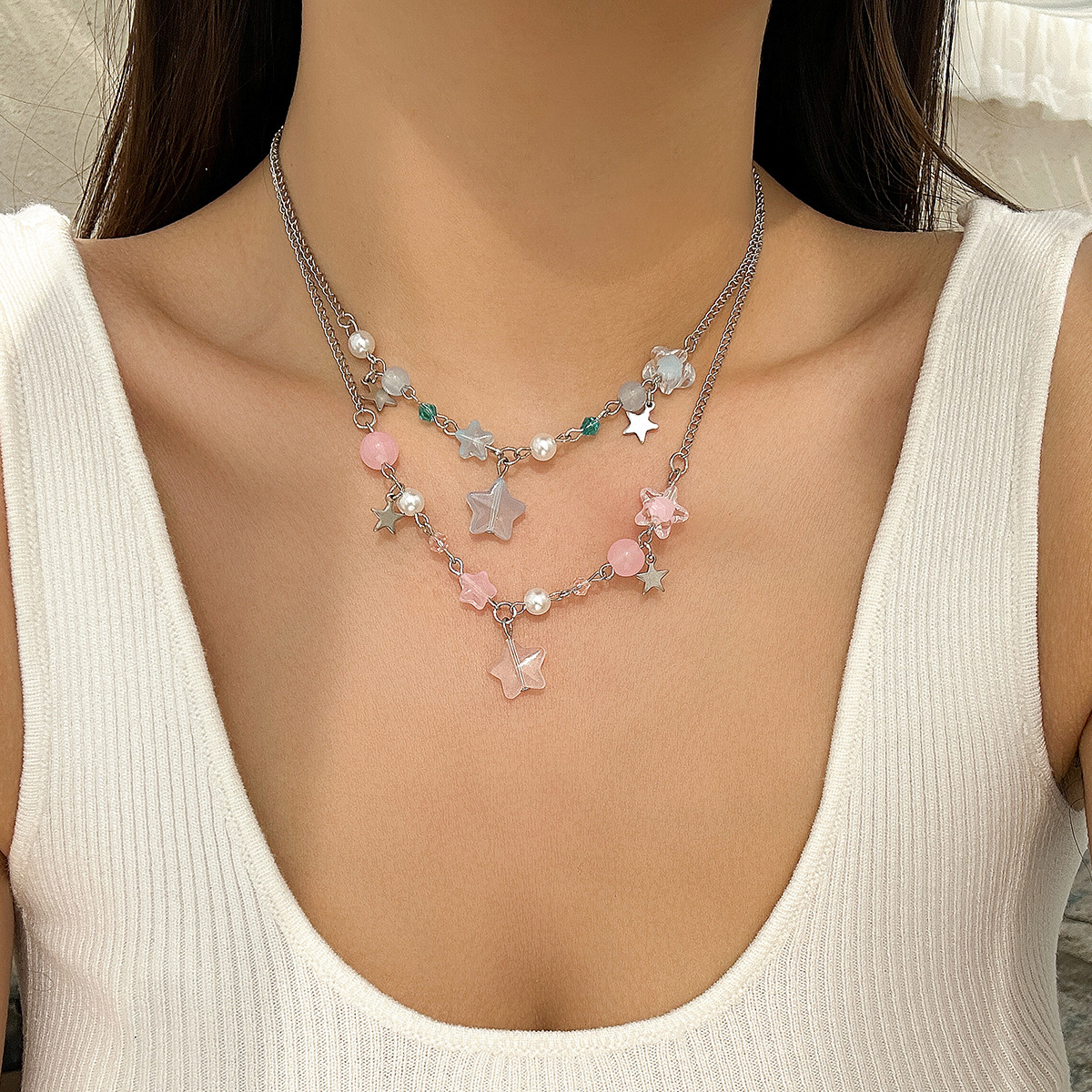 European and American cross-border jewelry cold style hollowed-out five-pointed star-shaped pendant three-layer layered necklace necklace Specification drawing