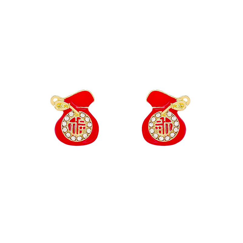 New Year red glazed "Fu" character earrings for women, high-end new Chinese style and national trend peace lock earrings wholesale Item Picture