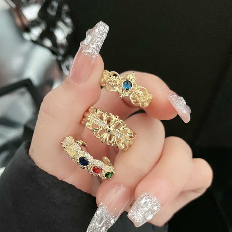 Cross-border colored gemstone retro new Chinese-style cross opening ring, women's Little Red Book high-end new versatile ring trend details Picture