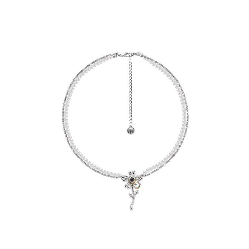 Colorful oil-dripping flower necklace with double-layer design, light luxury country style women's sweater chain, pearl sweet necklace wholesale for women Item Picture
