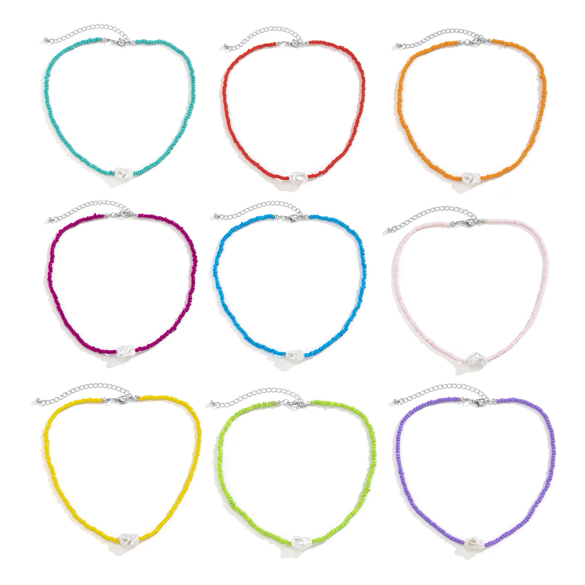 European and American cross-border jewelry, retro Baroque irregular-shaped pearl woven necklace, simple and colorful rice bead collarbone chain Item Picture