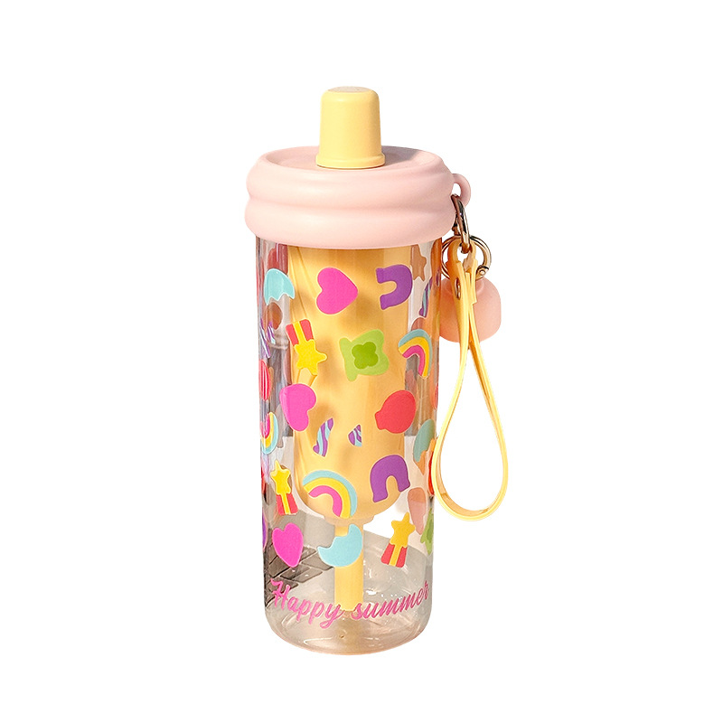 Cartoon flower tea, plastic straw cup, water cup, high appearance level for girls, ins style, cute for students, TRitan plastic water cup Item Picture
