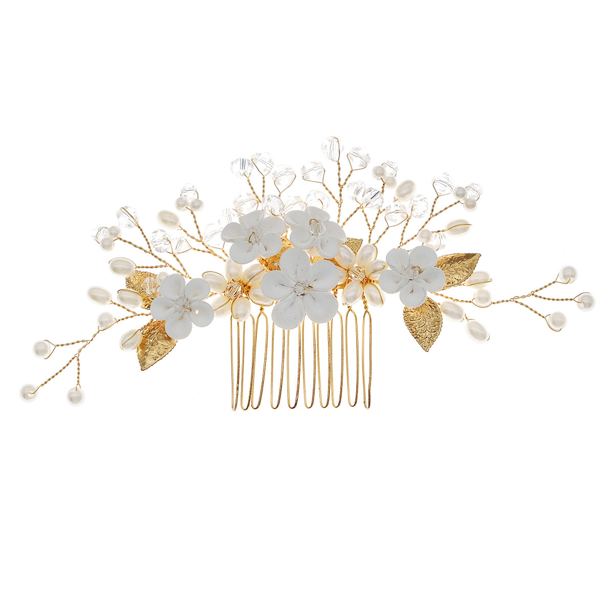 Korean-style bride's updo headwear, handcrafted hair comb, ancient-style Hanfu dress accessories, water diamond, pearl, soft clay, flower arrangement comb Item Picture