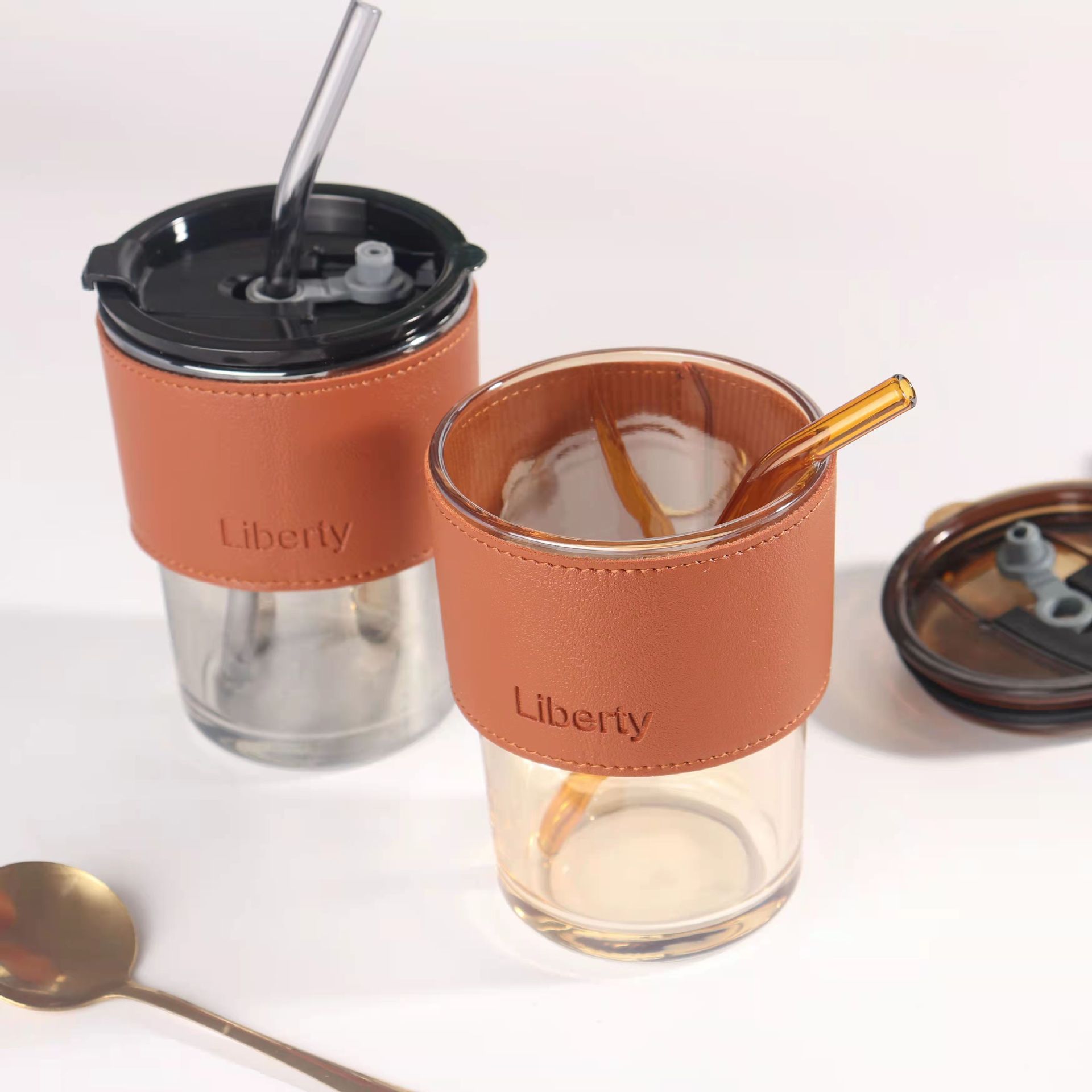 Wholesale in stock of popular leather-covered straw cups, creative and highly attractive glass cups, portable bamboo joint coffee cups * Specification drawing