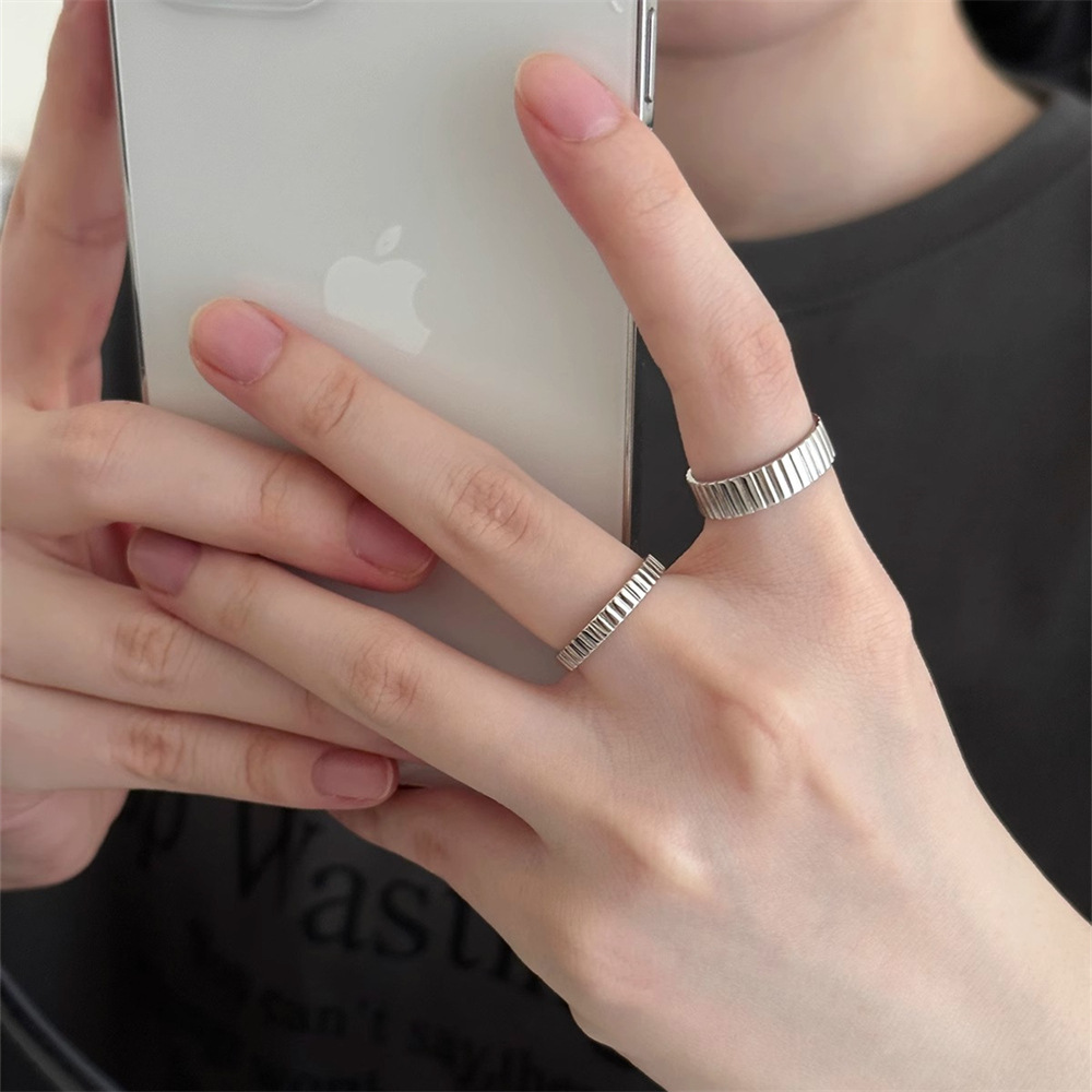 Korean version simple vertical stripe ring for women, 925 sterling silver, niche design, high-end and cold style open index finger ring full figure