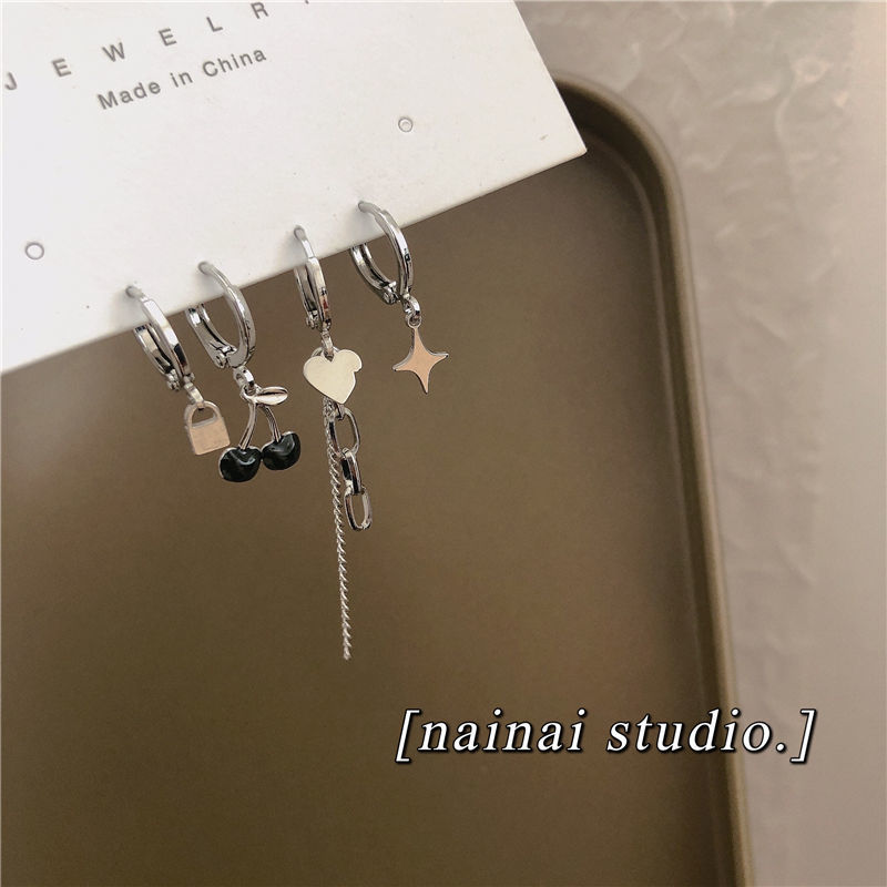 Black cherry ear rings, 4 pieces in a set ~ Simple and everyday heart-shaped chain earrings, sweet and trendy earrings on Instagram for women full figure