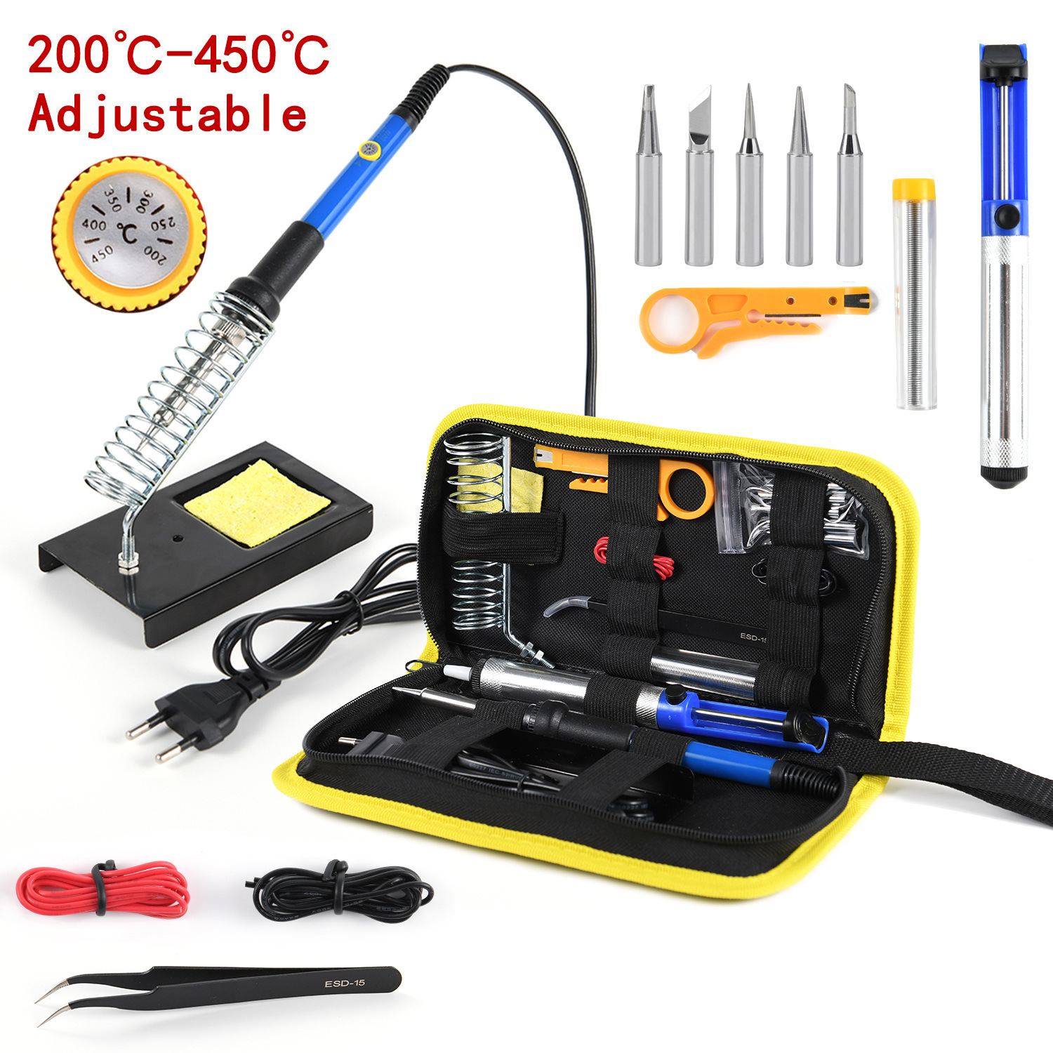 Adjustable temperature soldering iron soldering tool kit 15-piece set, British and American standard 908 60W Rockiron soldering pen full figure