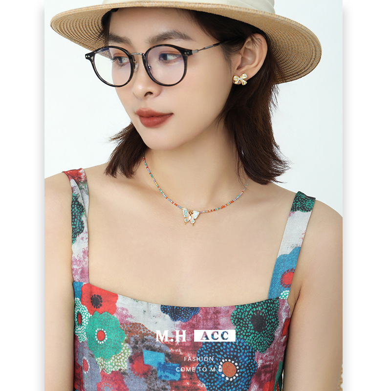 Colorful zircon butterfly pearl necklace for women, new Spring and summer style, versatile, light luxury and high-end dopamine beaded collarbone chain details Picture