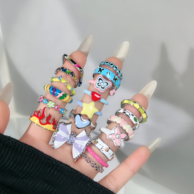 Dopamine colored drop glaze sweet and cool enamel ring, a fashionable and niche design for women, simple and versatile for students, a ring trend details Picture
