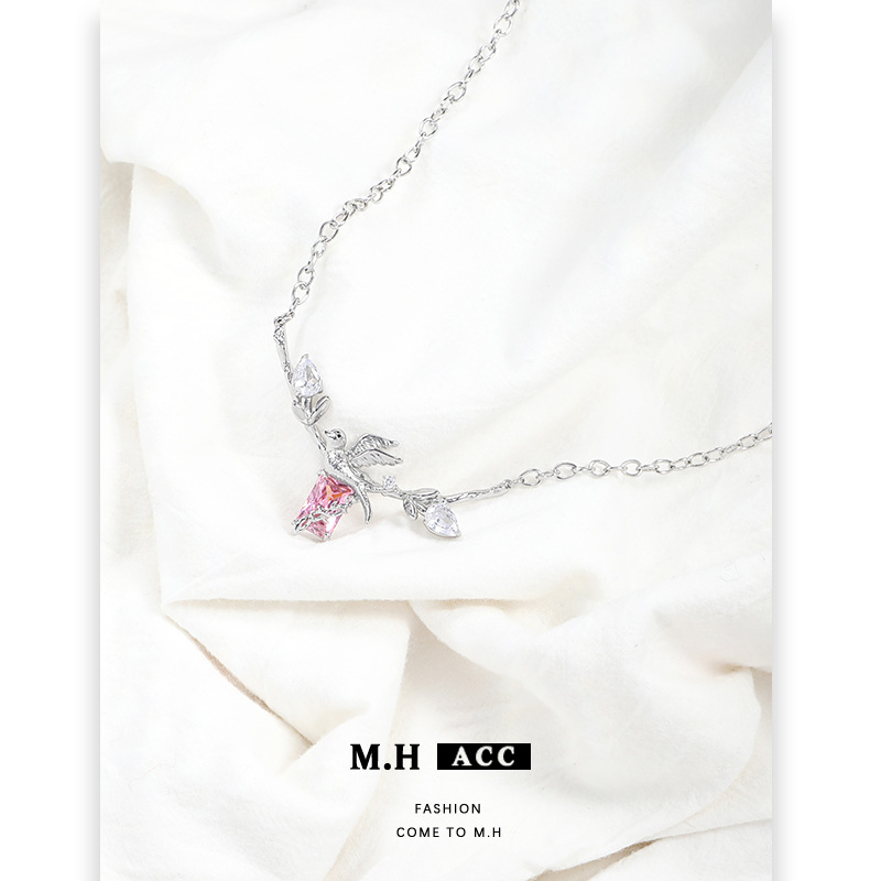 ins Pink zirconium bird necklace accessory for women, sweet and cool summer style zirconium collarbone chain, fashionable and niche design necklace Specification drawing