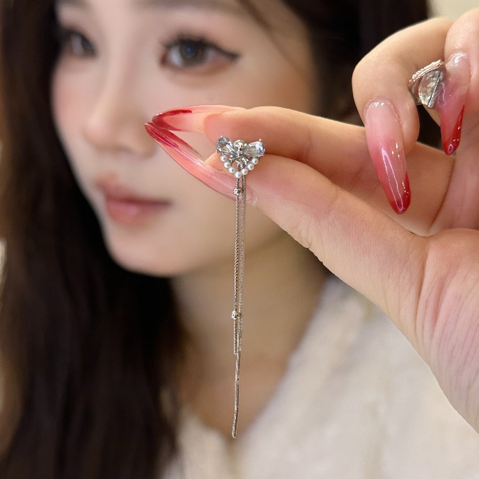 Sweet and elegant long tassel earrings, 2025 new style, high-end and light luxury, heart-shaped zircon 925 stud earrings for women Specification drawing