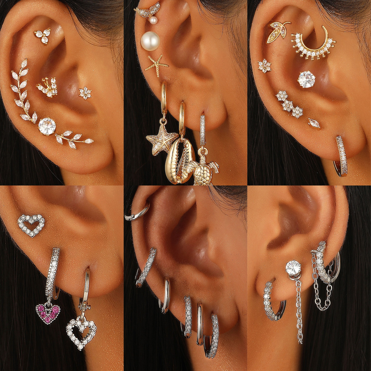 European and American ins Ear bone stud ear clip earring set, high-end women 's layered Piercing earrings ear Piercing full figure