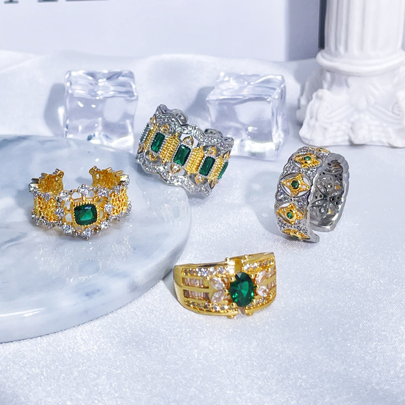 Light luxury, retro, hollowed-out and diamond-encrusted, trendy and fashionable open ring, women's lace, emerald-like full diamond texture ring full figure