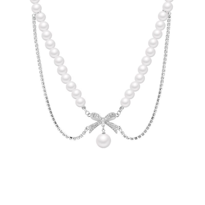 European and American light luxury pearl necklace, design sense, Internet celebrity bestseller, bow pendant, hair accessory, pearl chain, high-end collarbone chain Item Picture