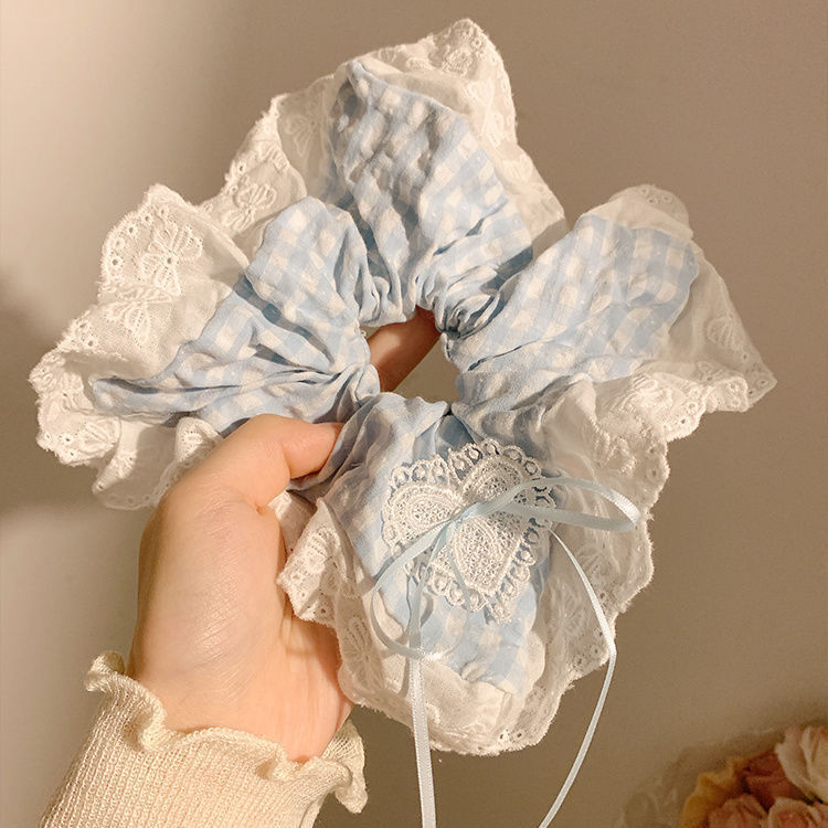 Sea salt bubble ~ Blue checkered bow lace square scarf large intestine hair band Korean style super large hair tie hair accessory summer Application Scenario