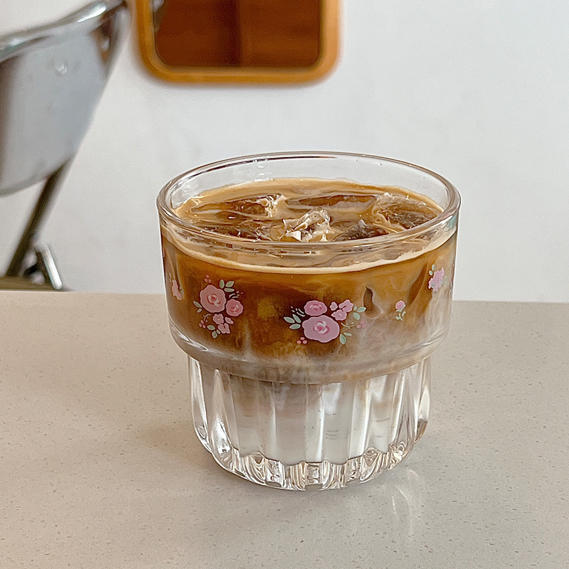 Bolimei French floral style glass cup, cold brew coffee cup, breakfast drinking cup, girlish heart details Picture
