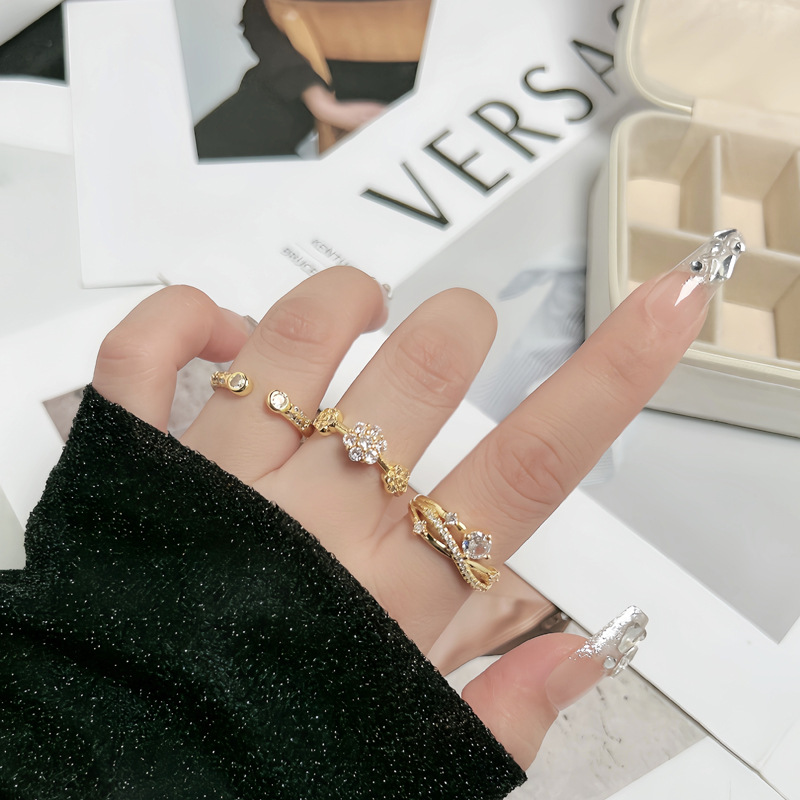 French light luxury, sweet and cool, retro flower, full diamond, fashionable open ring, women's Instagram cold style, niche and elegant ring details Picture