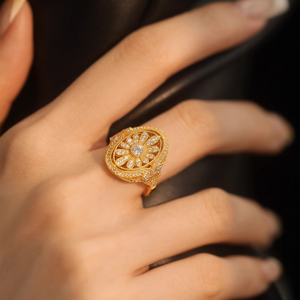 Heavy industry full zirconium Daisy ring for women, 925 silver, high-end, light luxury, retro and niche design, fashionable open index finger ring Specification drawing