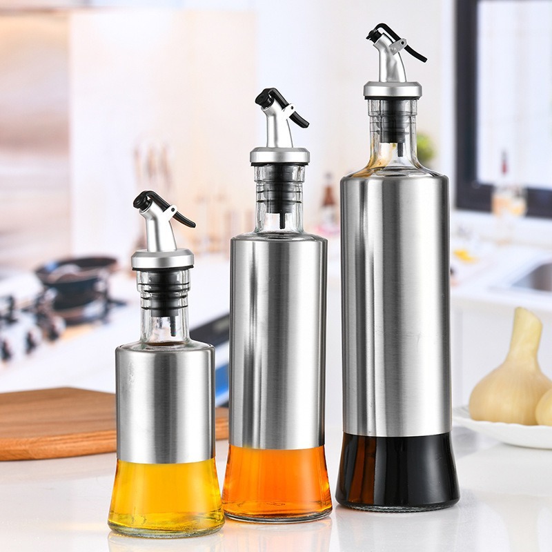 Household kitchen stainless steel glass oil bottle, leak-proof press-type olive oil pot, soy sauce and vinegar seasoning bottle Specification drawing