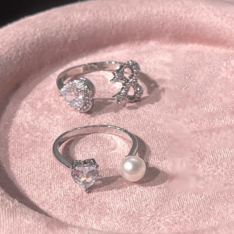 Sweet and cool style heart-shaped girl pearl zircon light luxury open ring bow, fashionable, individual, simple and exquisite ring details Picture