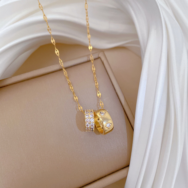 【 Titanium Steel 】 Double-ring mini waist, full diamond, fashionable, light luxury, elegant and luxurious, full diamond necklace, versatile collarbone chain for women Specification drawing