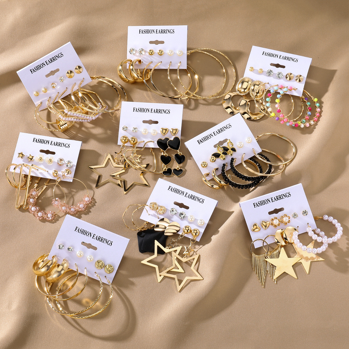 European and American metal seven-color rice bead ear rings, geometric round pearl stud earrings, retro earring set of 6 pieces for women full figure