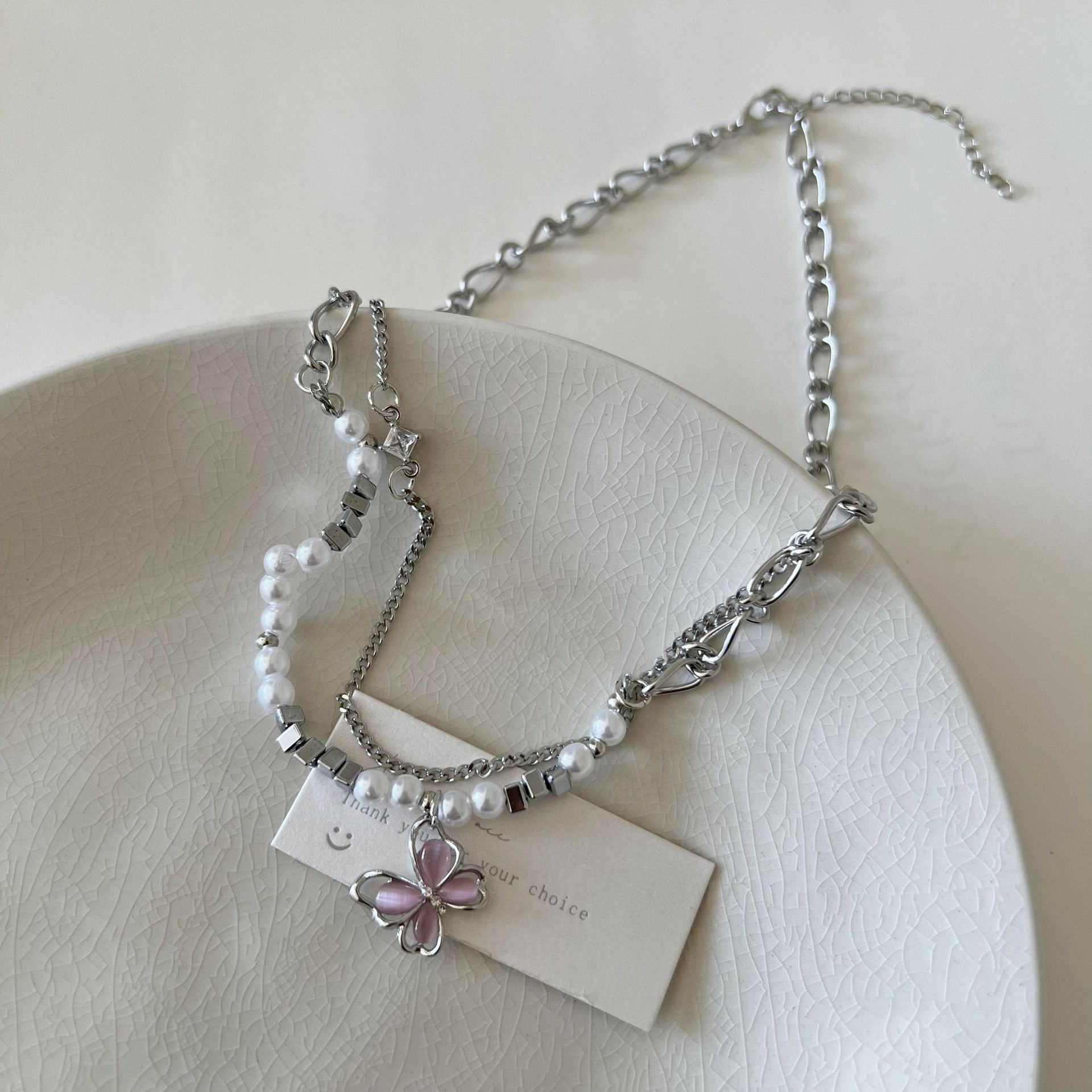 Y2K Sweet and Cool Style ~ Hollow Butterfly double-layer layered necklace for women, titanium steel collarbone chain, light luxury necklace wholesale full figure