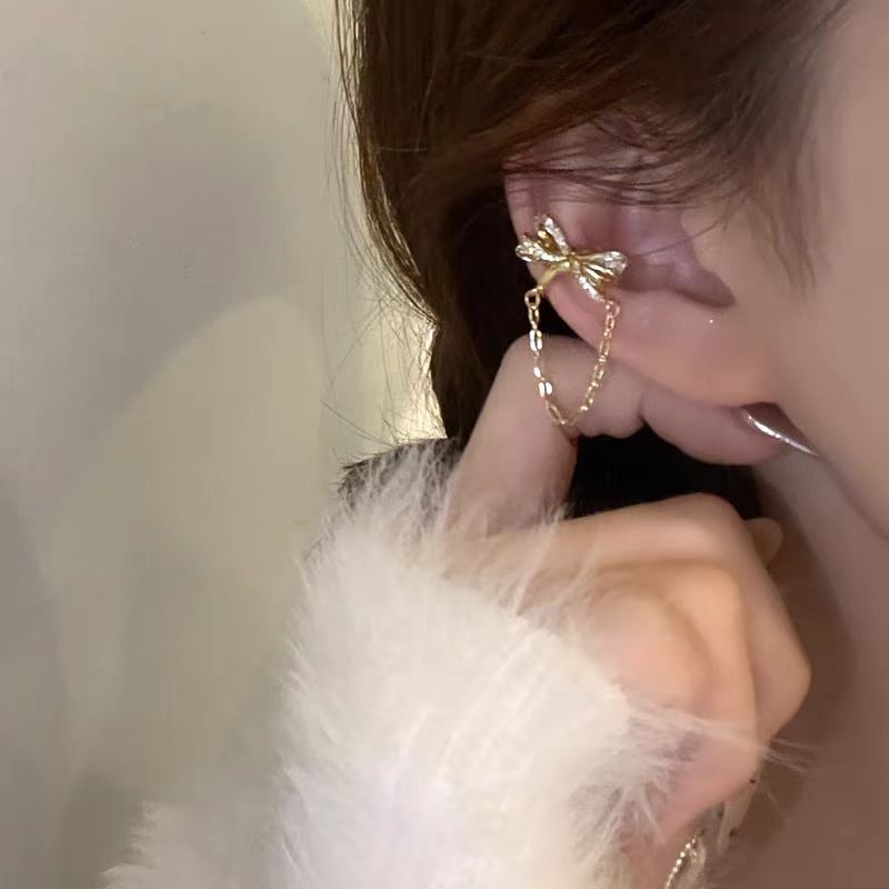 Super fairy zircon bow tassel ear bone clip for women, Korean style, simple and versatile, elegant, no ear holes, ear clip earrings details Picture