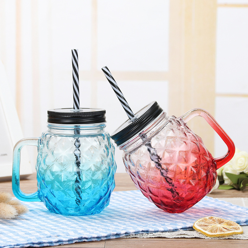 Manufacturer's creative Mason cup, gradient glass cup, beverage pineapple water cup, lid, straw, handle cup Specification drawing