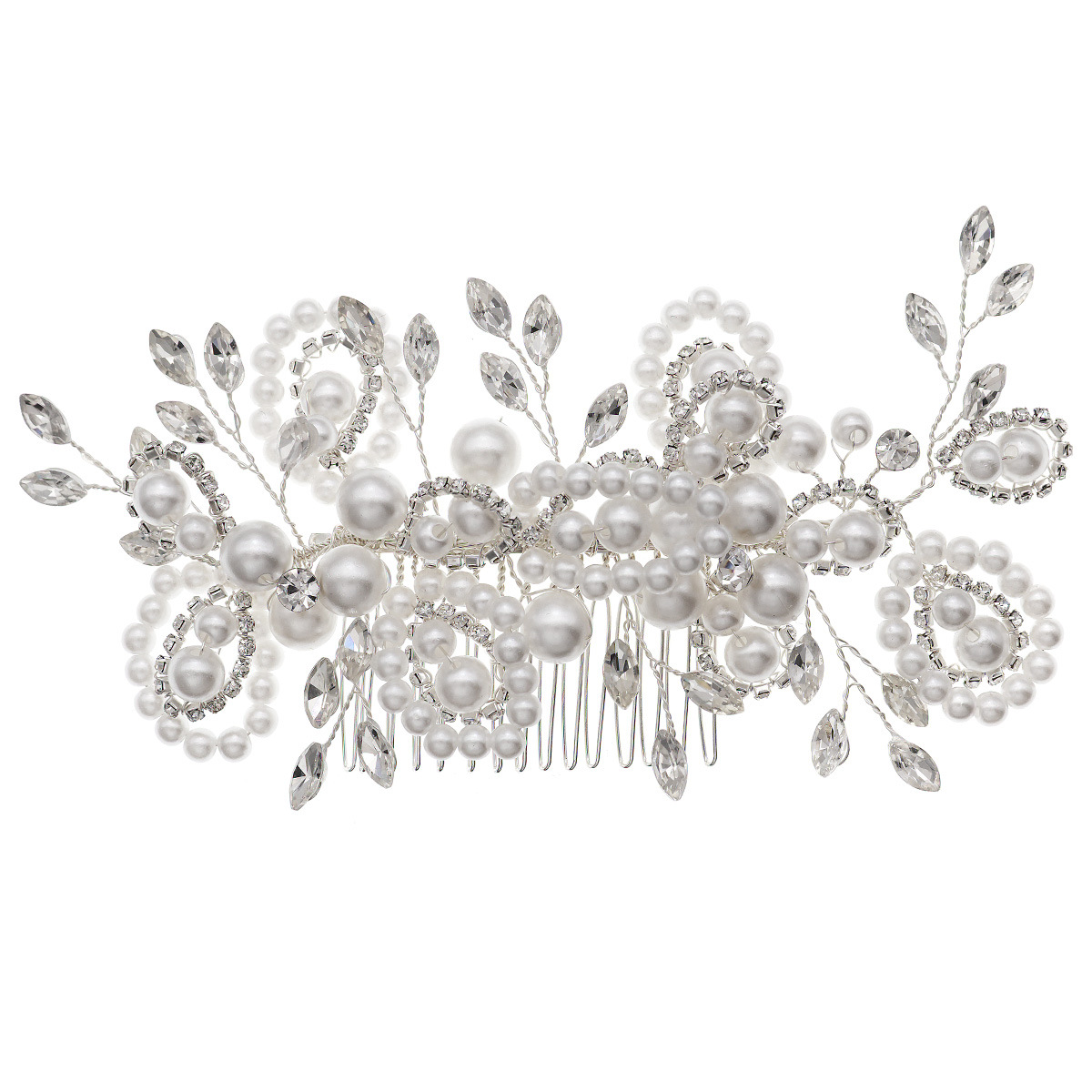 European and American bride's updo and braided hair, pure handcrafted pearl and rhinestone inlaid hair comb, fashionable wedding dress and headwear Item Picture