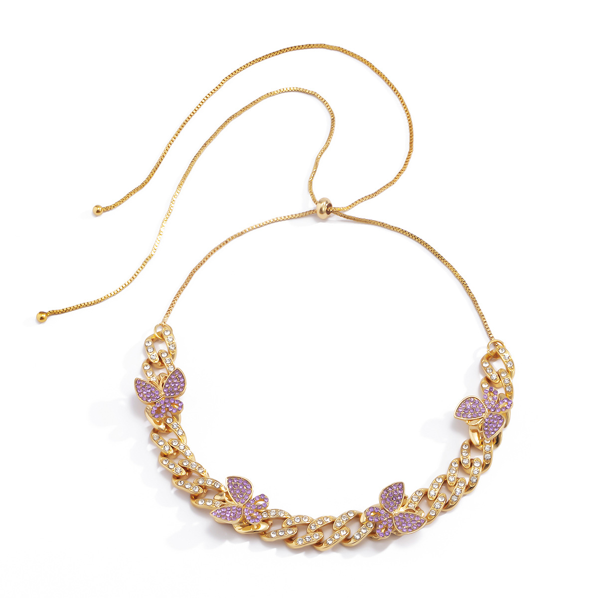 European and American cross-border accessories, unique and cool hip-hop colorful diamond-encrusted butterfly necklace, fashionable Cuban adjustable necklace for women Item Picture