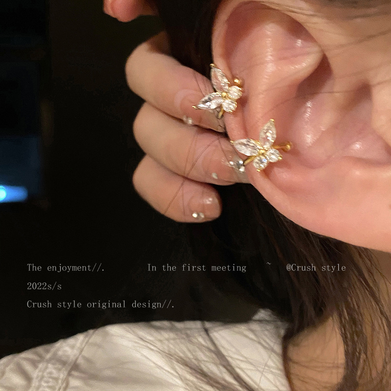 Exquisite zircon butterfly no-ear hole ear clips for women, new light luxury and niche design, ear bone clips, high-end earrings and earrings Specification drawing