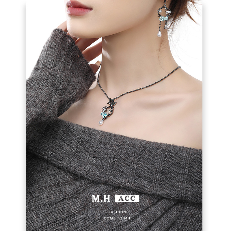Cold blue flower necklace, fresh bird light luxury ins collarbone chain, women's 2024 autumn/winter fashion style pendant Specification drawing