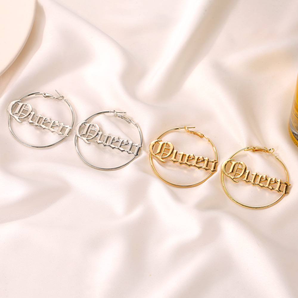 European and American style exaggerated round letter earrings, cold style and grand queen earrings cross-border accessory wholesale details Picture