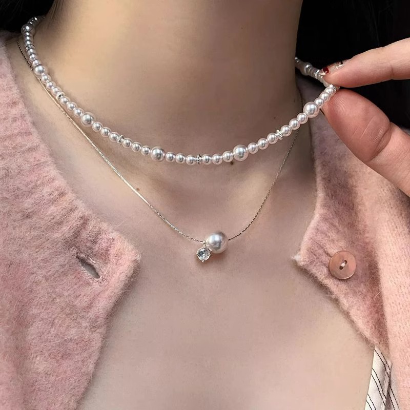 French niche and light luxury Manta rose pearl zircon necklace for women on Instagram, a versatile French layering collarbone chain Specification drawing