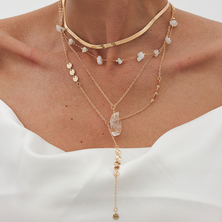 European and American cross-border jewelry Bohemian metal disc necklace irregular crystal multi-layer snake bone chain necklace full figure